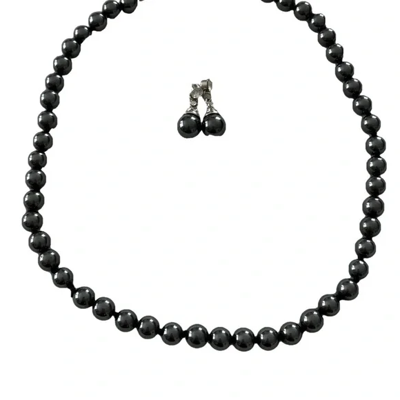 Hematite Round Beaded Necklace with Matching Drop Beaded Earrings Set - Picture 4 of 17